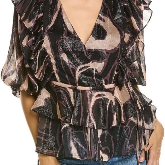 NWT TED BAKER JASMYNA RUFFLE-NECK TOP TIE-WAIST ABSTRACT BLACK MULTI TED SIZE 3 - Picture 12 of 13